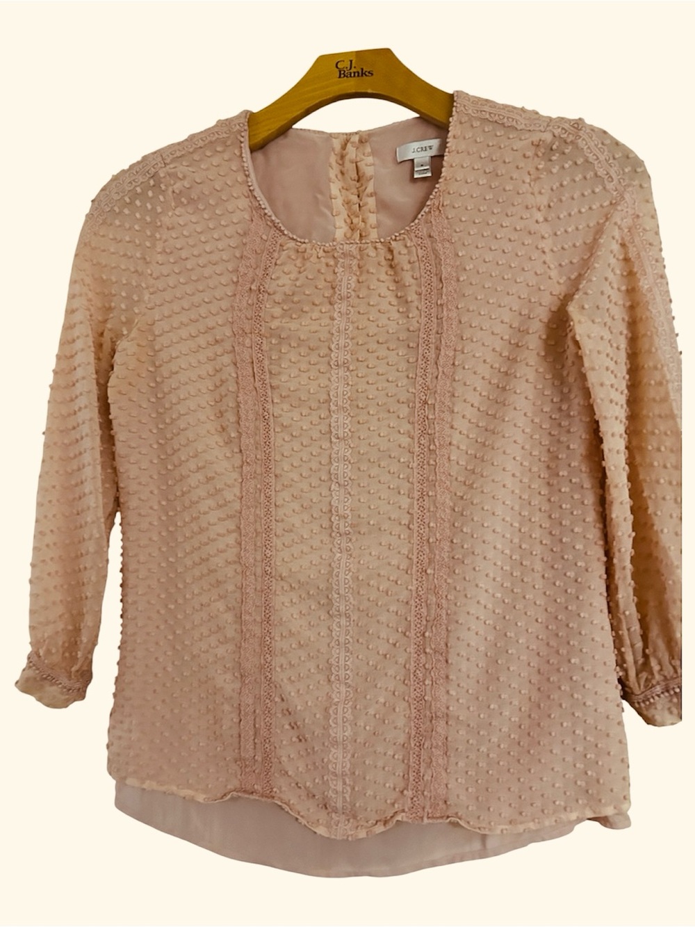 J. Crew Blush Pink Dotted Lace-Trim Long Sleeve Blouse